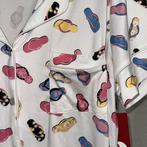 89th+MADISON L White Colorful Flip Flops Notch Collar Short Sleeve Pants PJ Set - Picture 8 of 14